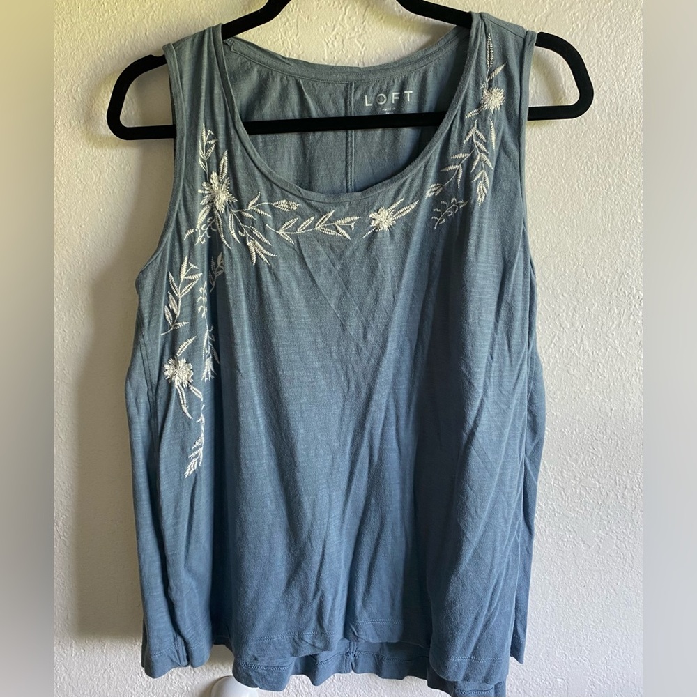 3/$20! LOFT Blue Embroidered Tank